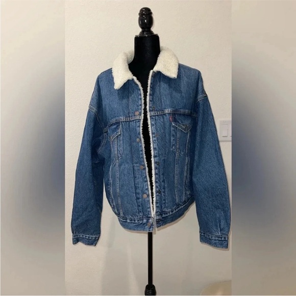 Levis Jacket Mens XL Blue Denim Jean Sherpa Lined Premium Western Trucker NWT - Picture 1 of 6